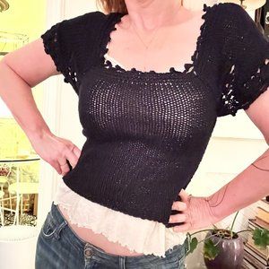 Vintage 90s/Y2K Sexy AMANO Cotton Crocheted Open Knit Black Fitted Sweater SM